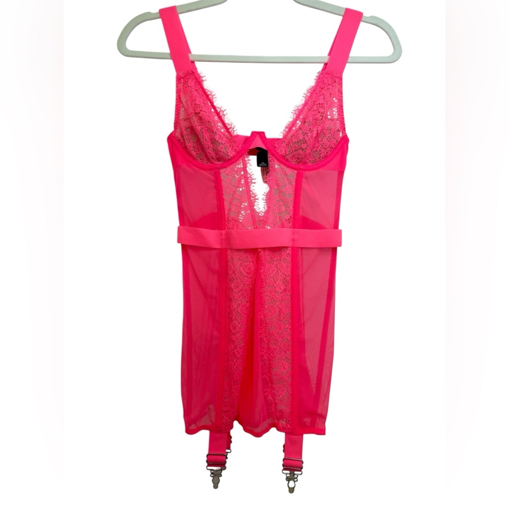 Victoria’s Secret Hot Pink Sheer Lace Garter Slip – Size 34B – NWT